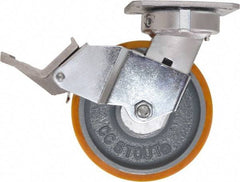 Caster Connection - 6" Diam x 2" Wide x 7-1/2" OAH Top Plate Mount Swivel Caster with Brake - Polyurethane, 1,250 Lb Capacity, Sealed Precision Ball Bearing, 4 x 4-1/2" Plate - Americas Industrial Supply