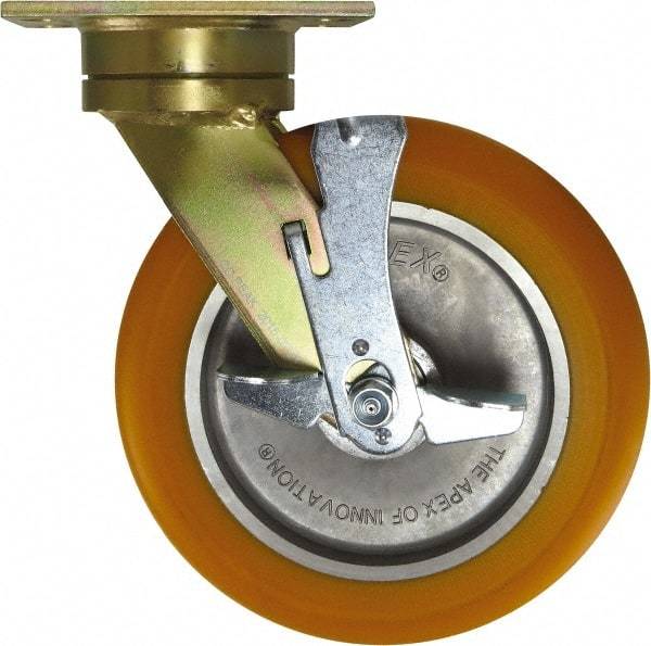 Caster Connection - 10" Diam x 2" Wide x 12" OAH Top Plate Mount Swivel Caster with Brake - Polyurethane, 1,500 Lb Capacity, Sealed Precision Ball Bearing, 4-1/2 x 6-1/4" Plate - Americas Industrial Supply