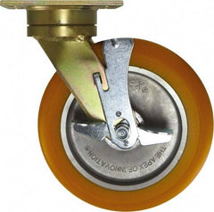 Caster Connection - 10" Diam x 2" Wide x 12" OAH Top Plate Mount Swivel Caster with Brake - Polyurethane, 1,500 Lb Capacity, Sealed Precision Ball Bearing, 4-1/2 x 6-1/4" Plate - Americas Industrial Supply