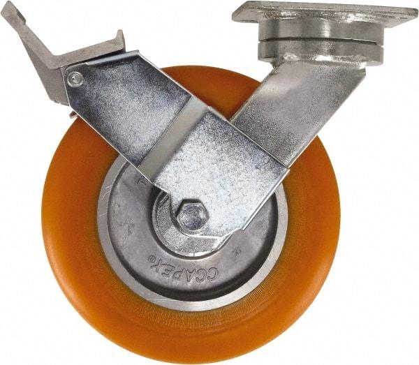 Caster Connection - 8" Diam x 2" Wide x 9-1/2" OAH Top Plate Mount Swivel Caster with Brake - Polyurethane, 1,200 Lb Capacity, Sealed Precision Ball Bearing, 4 x 4-1/2" Plate - Americas Industrial Supply