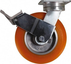 Caster Connection - 8" Diam x 2" Wide x 9-1/2" OAH Top Plate Mount Swivel Caster with Brake - Polyurethane, 1,200 Lb Capacity, Sealed Precision Ball Bearing, 4 x 4-1/2" Plate - Americas Industrial Supply