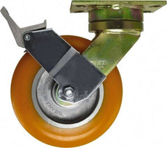 Caster Connection - 8" Diam x 1-1/4" Wide x 10-1/8" OAH Top Plate Mount Swivel Caster with Brake - Polyurethane, 1,200 Lb Capacity, Sealed Precision Ball Bearing, 4-1/2 x 6-1/4" Plate - Americas Industrial Supply