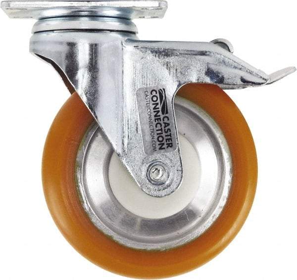 Caster Connection - 5" Diam x 1-1/4" Wide x 6-1/4" OAH Top Plate Mount Swivel Caster with Brake - Polyurethane, 450 Lb Capacity, Sealed Precision Ball Bearing, 2-3/8 x 3-5/8" Plate - Americas Industrial Supply