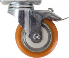 Caster Connection - 4" Diam x 1-1/4" Wide x 5-1/8" OAH Top Plate Mount Swivel Caster with Brake - Polyurethane, 400 Lb Capacity, Sealed Precision Ball Bearing, 2-3/8 x 3-5/8" Plate - Americas Industrial Supply