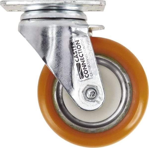 Caster Connection - 4" Diam x 1-1/4" Wide x 5-1/8" OAH Top Plate Mount Swivel Caster - Polyurethane, 400 Lb Capacity, Sealed Precision Ball Bearing, 2-3/8 x 3-5/8" Plate - Americas Industrial Supply