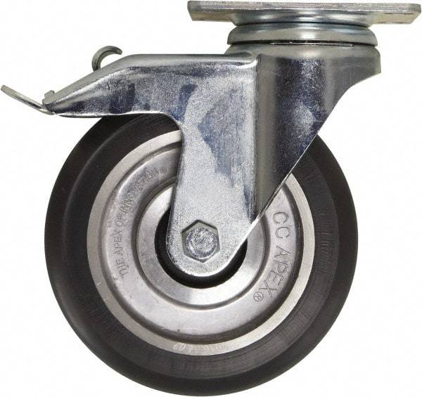 Caster Connection - 5" Diam x 1-1/4" Wide x 6-1/4" OAH Top Plate Mount Swivel Caster with Brake - Polyurethane, 450 Lb Capacity, Sealed Precision Ball Bearing, 2-3/8 x 3-5/8" Plate - Americas Industrial Supply
