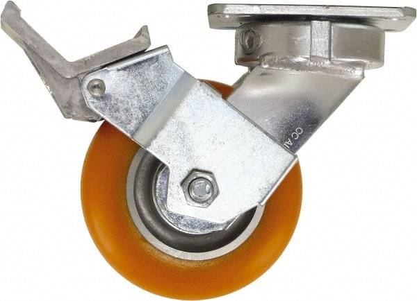 Caster Connection - 5" Diam x 2" Wide x 6-1/2" OAH Top Plate Mount Swivel Caster with Brake - Polyurethane, 750 Lb Capacity, Sealed Precision Ball Bearing, 4 x 4-1/2" Plate - Americas Industrial Supply