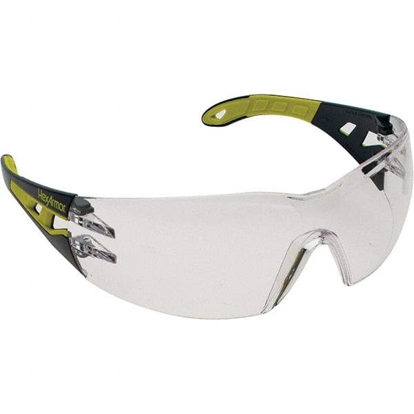 HexArmor - Clear Lenses, Framed Safety Glasses - Anti-Fog, Black/Yellow Frame, Size Universal, Wrap Around - Americas Industrial Supply