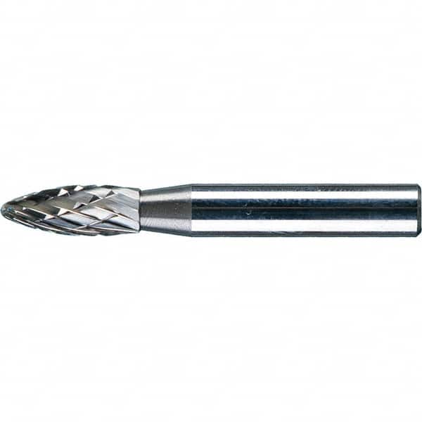PFERD - 1/4" Cut Diam, 1/4" Shank Diam, Flame Head Double Cut Burr - Tungsten Carbide, 5/8" LOC, 1-15/16" OAL - Americas Industrial Supply