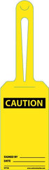 NMC - 11-1/4" High x 3-1/4" Long, CAUTION - SIGNED BY ______ DATE _____, English Safety & Facility Tag - Tag Header: CAUTION, 1 Side, White Unrippable Vinyl - Americas Industrial Supply