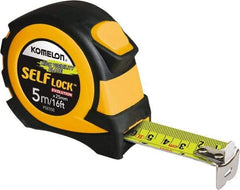 Komelon - 16' x 25mm Yellow Steel Blade Tape Measure - 5mm Graduation, Inch/Metric Graduation Style, Yellow/Black ABS Plastic Case - Americas Industrial Supply