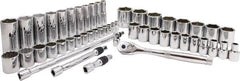 Proto - 50 Piece 3/8" & 1/2" Drive Chrome Finish Deep Well Socket Set - 6, 12 Points, 5/16" to 1-1/2" Range, Inch Measurement Standard - Americas Industrial Supply