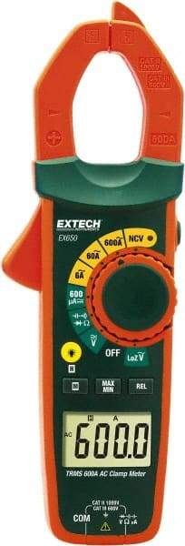 Extech - EX650, CAT III, Digital True RMS Auto Ranging Clamp Meter with 1.18" Clamp On Jaws - 750 VAC, 1000 VDC, 600 AC Amps, Measures Voltage, Capacitance, Continuity, Current, Resistance - Americas Industrial Supply