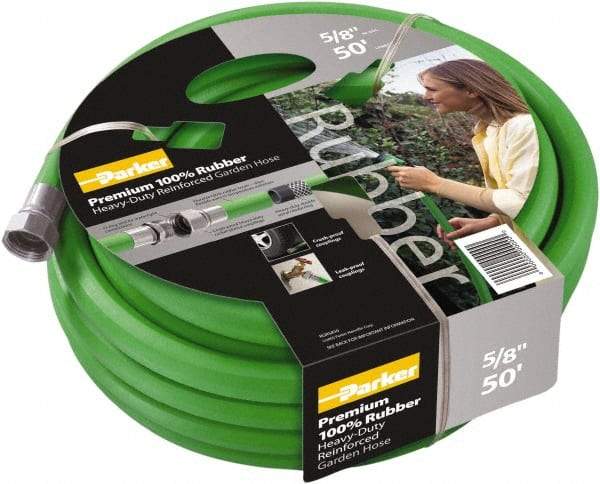 Parker - 100' Long Garden Hose - 5/8" Diam, 3/4" GHT, Rubber, 125 psi, Green - Americas Industrial Supply