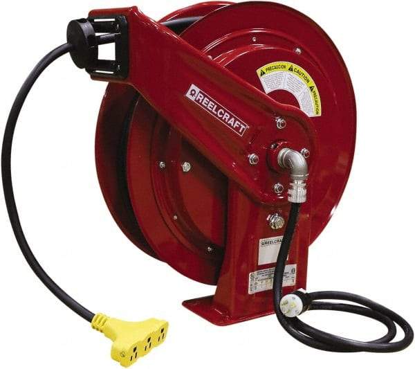 Reelcraft - 12 AWG, 75' Cable Length, Cord & Cable Reel with Triple-Tap Outlet End - 3 Outlets, NEMA 5-15R, 15 Amps, 125 Volts, SEOOW Cable, Red Reel, Spring Driven Reel - Americas Industrial Supply