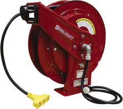 Reelcraft - 12 AWG, 75' Cable Length, Cord & Cable Reel with Triple-Tap Outlet End - 3 Outlets, NEMA 5-15R, 15 Amps, 125 Volts, SEOOW Cable, Red Reel, Spring Driven Reel - Americas Industrial Supply