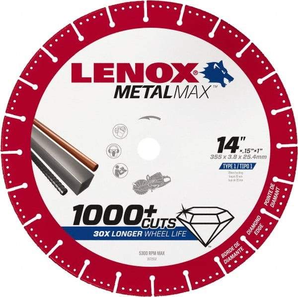 Lenox - 14" 25/30 Grit Diamond Cutoff Wheel - 0.15" Thick, 1" Arbor, 5,300 Max RPM, Use with Gas Powered Saws - Americas Industrial Supply