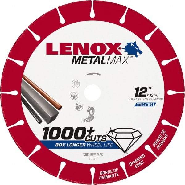 Lenox - 12" 25/30 Grit Diamond Cutoff Wheel - 0.126" Thick, 1" Arbor, 4,300 Max RPM, Use with Stationary Tools - Americas Industrial Supply