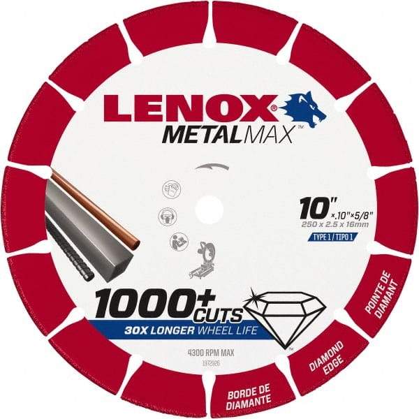 Lenox - 10" 25/30 Grit Diamond Cutoff Wheel - 0.114" Thick, 5/8" Arbor, 4,300 Max RPM, Use with Stationary Tools - Americas Industrial Supply