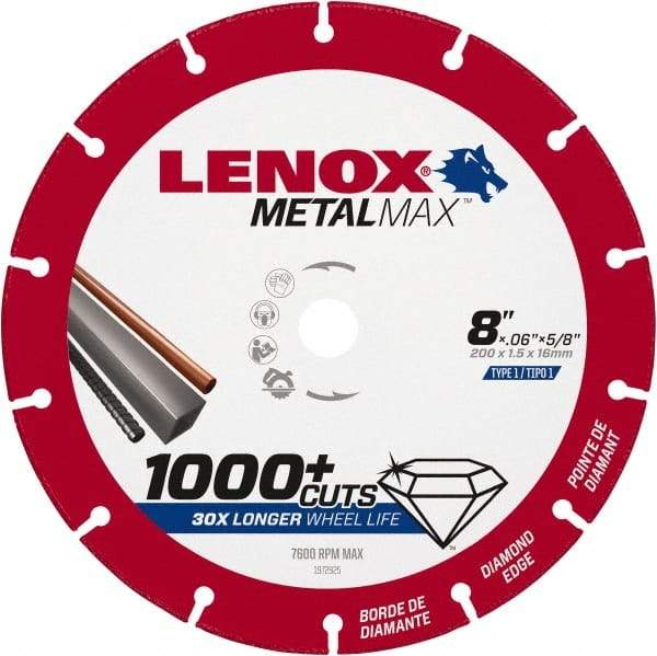 Lenox - 8" 40/50 Grit Diamond Cutoff Wheel - 0.06" Thick, 5/8" Arbor, 7,600 Max RPM, Use with Circular Saws - Americas Industrial Supply