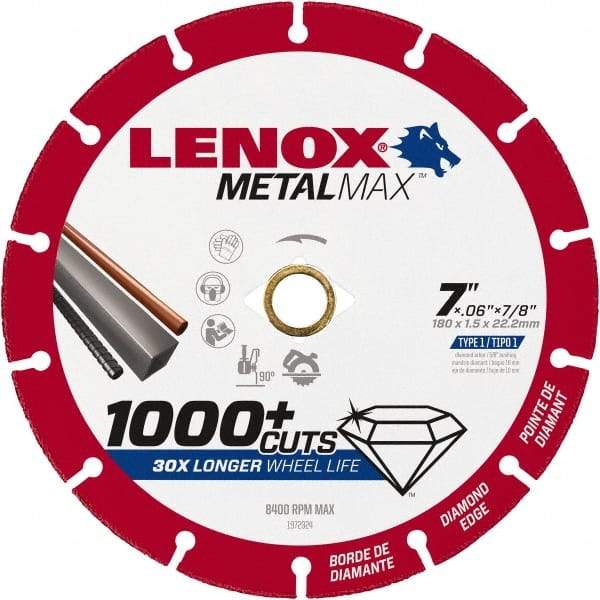Lenox - 7" 40/50 Grit Diamond Cutoff Wheel - 0.06" Thick, 7/8" Arbor, 8,400 Max RPM, Use with Angle Grinders - Americas Industrial Supply