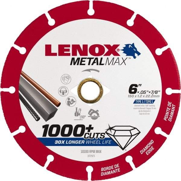 Lenox - 6" 40/50 Grit Diamond Cutoff Wheel - 0.05" Thick, 7/8" Arbor, 10,100 Max RPM, Use with Angle Grinders - Americas Industrial Supply