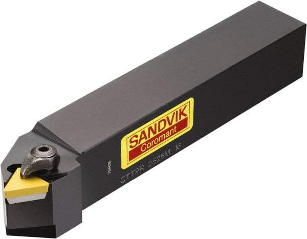 Sandvik Coromant - CTTPR/L, Right Hand Cut, 30° Lead Angle, 25mm Shank Height x 25mm Shank Width, Positive Rake Indexable Turning Toolholder - 150mm OAL, TPUN 16 03 08, TPU 322 Insert Compatibility, Series T-Max S - Americas Industrial Supply