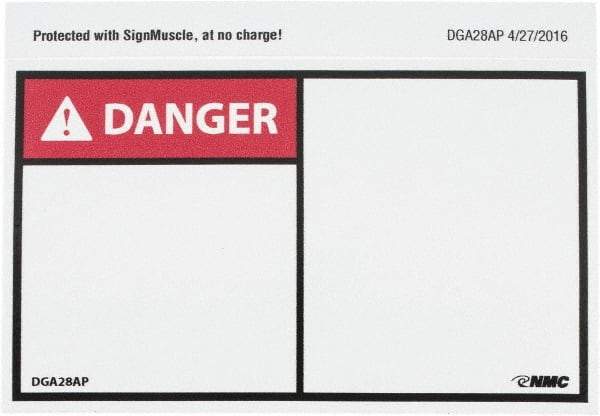 NMC - Accident Prevention Label, Header: DANGER - Legend: DANGER, English, Red, Black & White, 5" Long x 3" High, Sign Muscle Finish - Americas Industrial Supply