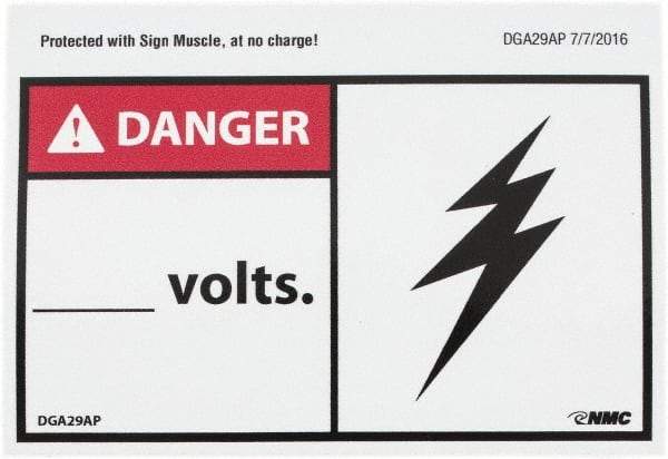 NMC - Accident Prevention Label, Header: DANGER - Legend: Danger - ____ Volts, English, Red, Black & White, 5" Long x 3" High, Sign Muscle Finish - Americas Industrial Supply