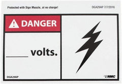 NMC - Accident Prevention Label, Header: DANGER - Legend: Danger - ____ Volts, English, Red, Black & White, 5" Long x 3" High, Sign Muscle Finish - Americas Industrial Supply