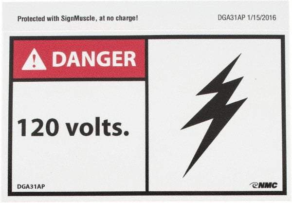 NMC - Accident Prevention Label, Header: DANGER - Legend: Danger - 120 Volts, English, Red, Black & White, 5" Long x 3" High, Sign Muscle Finish - Americas Industrial Supply
