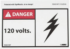 NMC - Accident Prevention Label, Header: DANGER - Legend: Danger - 120 Volts, English, Red, Black & White, 5" Long x 3" High, Sign Muscle Finish - Americas Industrial Supply