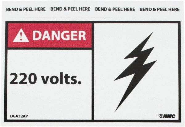 NMC - Accident Prevention Label, Header: DANGER - Legend: Danger - 20 Volts, English, Red, Black & White, 5" Long x 3" High, Sign Muscle Finish - Americas Industrial Supply