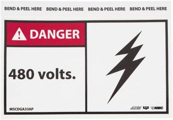 NMC - Accident Prevention Label, Header: DANGER - Legend: Danger - 480 Volts, English, Red, Black & White, 5" Long x 3" High, Sign Muscle Finish - Americas Industrial Supply