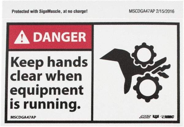NMC - Accident Prevention Label, Header: DANGER - Legend: Danger - Keep Hands Clear When Equipment Is Running, English, Red, Black & White, 5" Long x 3" High, Sign Muscle Finish - Americas Industrial Supply