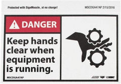 NMC - Accident Prevention Label, Header: DANGER - Legend: Danger - Keep Hands Clear When Equipment Is Running, English, Red, Black & White, 5" Long x 3" High, Sign Muscle Finish - Americas Industrial Supply