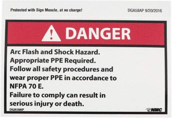 NMC - Accident Prevention Label, Header: DANGER - Legend: Danger - Arc Flash and Shock Hazard - Appropriate Pipe Required - Follow All Safety Procedures and Wear Proper PPE..., English, Red, Black & White, 5" Long x 3" High, Sign Muscle Finish - Americas Industrial Supply