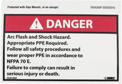 NMC - Accident Prevention Label, Header: DANGER - Legend: Danger - Arc Flash and Shock Hazard - Appropriate Pipe Required - Follow All Safety Procedures and Wear Proper PPE..., English, Red, Black & White, 5" Long x 3" High, Sign Muscle Finish - Americas Industrial Supply