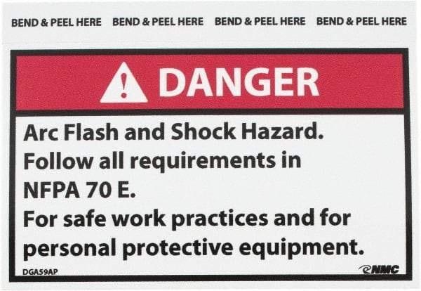 NMC - Accident Prevention Label, Header: DANGER - Legend: Danger - Arc Flash and Shock Hazard - Follow All Requirements in NFPA 70e for Safe Work Practices and for Personal..., English, Red, Black & White, 5" Long x 3" High, Sign Muscle Finish - Americas Industrial Supply