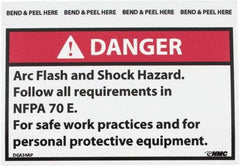 NMC - Accident Prevention Label, Header: DANGER - Legend: Danger - Arc Flash and Shock Hazard - Follow All Requirements in NFPA 70e for Safe Work Practices and for Personal..., English, Red, Black & White, 5" Long x 3" High, Sign Muscle Finish - Americas Industrial Supply