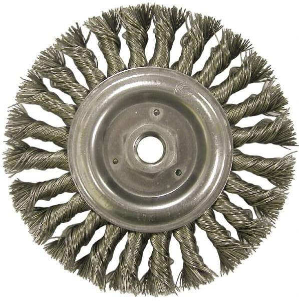 Weiler - 6" OD, 5/8-11 Arbor Hole, Knotted Steel Wheel Brush - 1/2" Face Width, 1-3/8" Trim Length, 0.023" Filament Diam, 9,000 RPM - Americas Industrial Supply