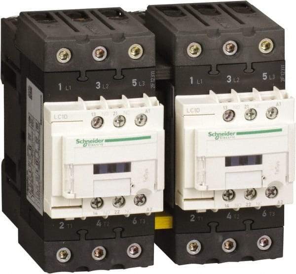 Schneider Electric - 3 Pole, 120 Coil VAC at 50 Hz and 120 Coil VAC at 60 Hz, 40 Amp, IEC Contactor - 1 Phase hp: 3 hp (115), 5 hp (230/240), 3 Phase hp: 10 hp (200/208), 10 hp (230/240), 30 hp (460/480), 30 hp (575/600) - Americas Industrial Supply