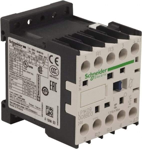 Schneider Electric - 4 Pole, 24 Coil VDC, 16 Amp at 690 VAC and 20 Amp at 440 VAC, Nonreversible IEC Contactor - BS 5424, CSA, IEC 60947, NF C 63-110, RoHS Compliant, UL Listed, VDE 0660 - Americas Industrial Supply