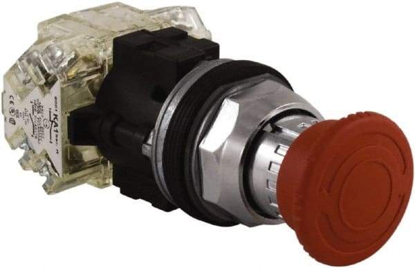 Schneider Electric - Extended Mushroom Head Pushbutton Switch Emergency Stop - Red, Round Button - Americas Industrial Supply