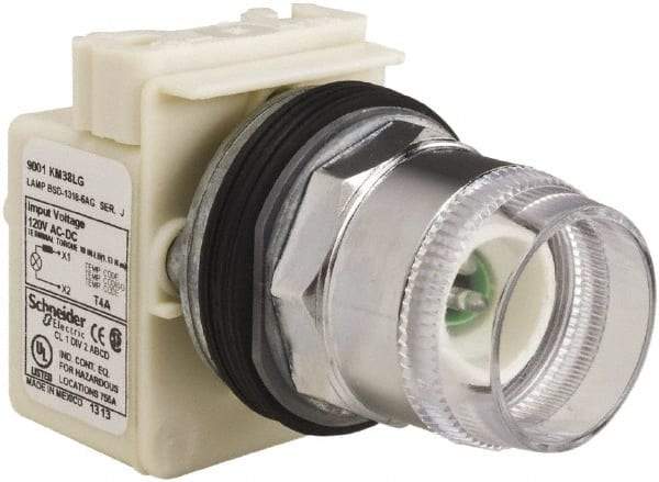 Schneider Electric - 1.18 Inch Mount Hole, Extended Straight, Pushbutton Switch Only - Round, Green Pushbutton, Illuminated, Momentary (MO), Weatherproof, Dust and Oil Resistant - Americas Industrial Supply