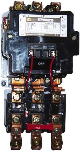 Square D - 208 Coil VAC at 60 Hz, 135 Amp, NEMA Size 4, Nonreversible Open Enclosure NEMA Motor Starter - 3 Phase hp: 100 at 460 VAC, 100 at 575 VAC, 40 at 200 VAC, 50 at 230 VAC - Americas Industrial Supply