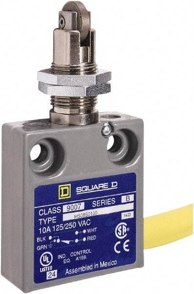 Square D - SPDT, NC/NO, 240 VAC, Prewired Terminal, Roller Plunger Actuator, General Purpose Limit Switch - 1, 2, 4, 6, 6P NEMA Rating, IP67 IPR Rating, Panel Mount, 80 Ounce Operating Force - Americas Industrial Supply