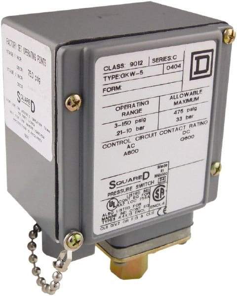 Square D - 4, 13 and 4X NEMA Rated, SPDT, 3 to 150 psi, Electromechanical Pressure and Level Switch - Fixed Pressure, 120 VAC at 6 Amp, 125 VDC at 0.22 Amp, 240 VAC at 3 Amp, 250 VDC at 0.27 Amp, 1/4 Inch Connector, Screw Terminal, For Use with 9012G - Americas Industrial Supply