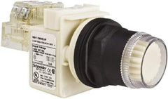 Schneider Electric - 1.22 Inch Mount Hole, Flush, Pushbutton Switch with Contact Block - Round, White Pushbutton, Illuminated, Momentary (MO), Anticorrosive, Dusttight, Oiltight, Watertight and Shock and Vibration Resistant - Americas Industrial Supply