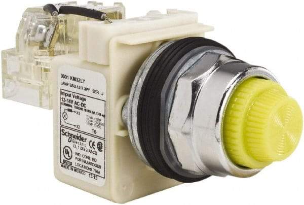 Schneider Electric - 12-14 VAC/VDC Yellow Lens LED Push-to-Test Pilot Light - Fresnel/Round Lens, Screw Clamp Connector, 104mm OAL x 54mm Wide, Dust-tight, Oiltight, Shock Resistant, Vibration Resistant, Watertight - Americas Industrial Supply